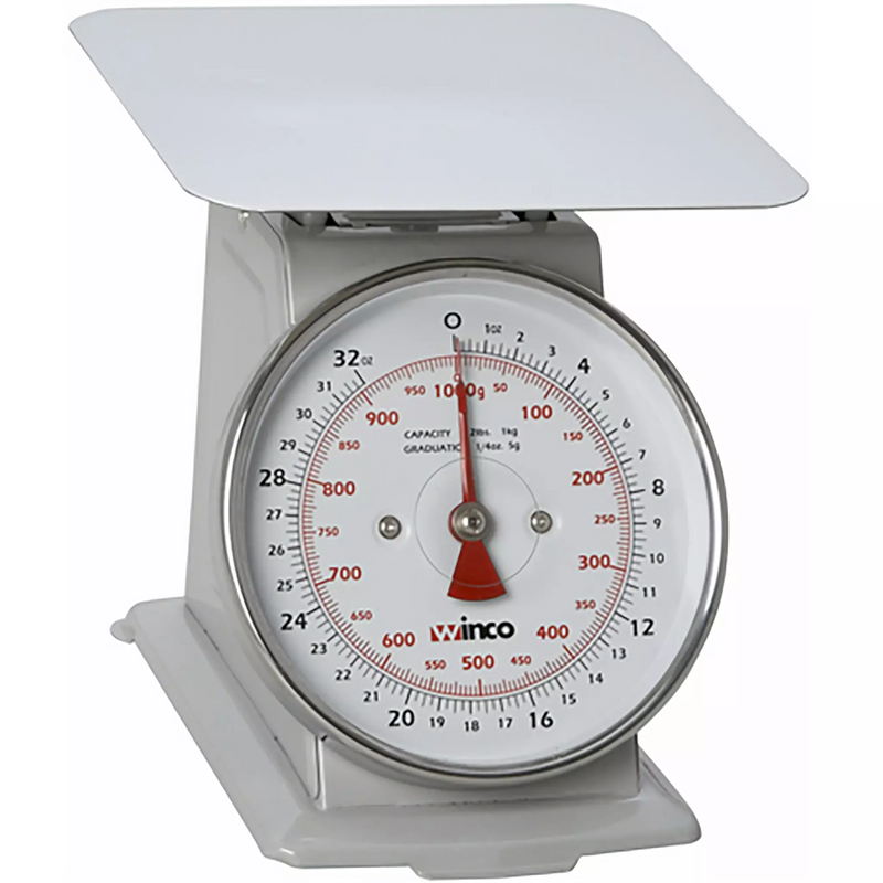 Winco portioning/receiving scale, grey dial scale with stainless steel platform and red pointer, first capacity option