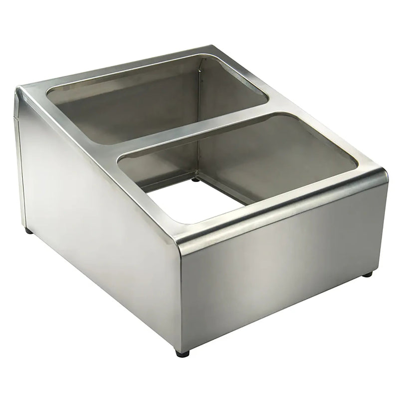Winco stainless steel condiment packet holder that fits steam table pans, two-well base with pans inserted