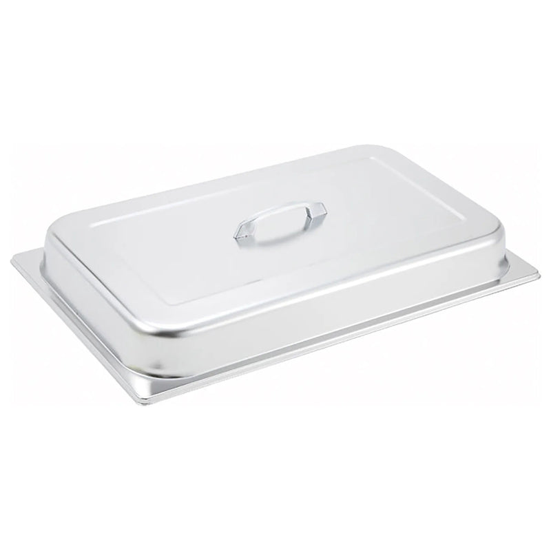 Winco stainless steel dome cover with center handle, rectangular mirror-finish lid shown on a food pan