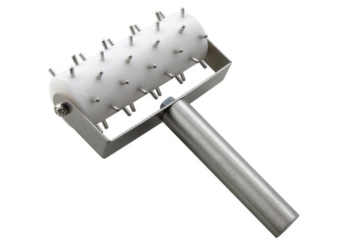 Winco stainless steel dough roller docker, 5" wide, spiked roller on a steel frame with a straight handle