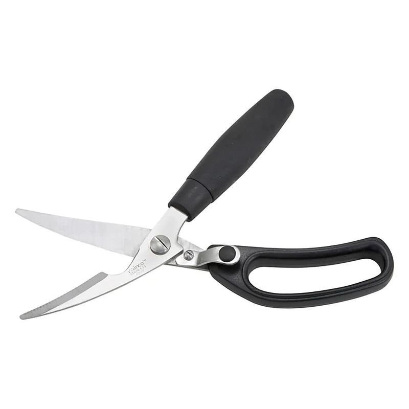 Winco stainless steel poultry shears with curved blades and black comfort-grip handles, open position