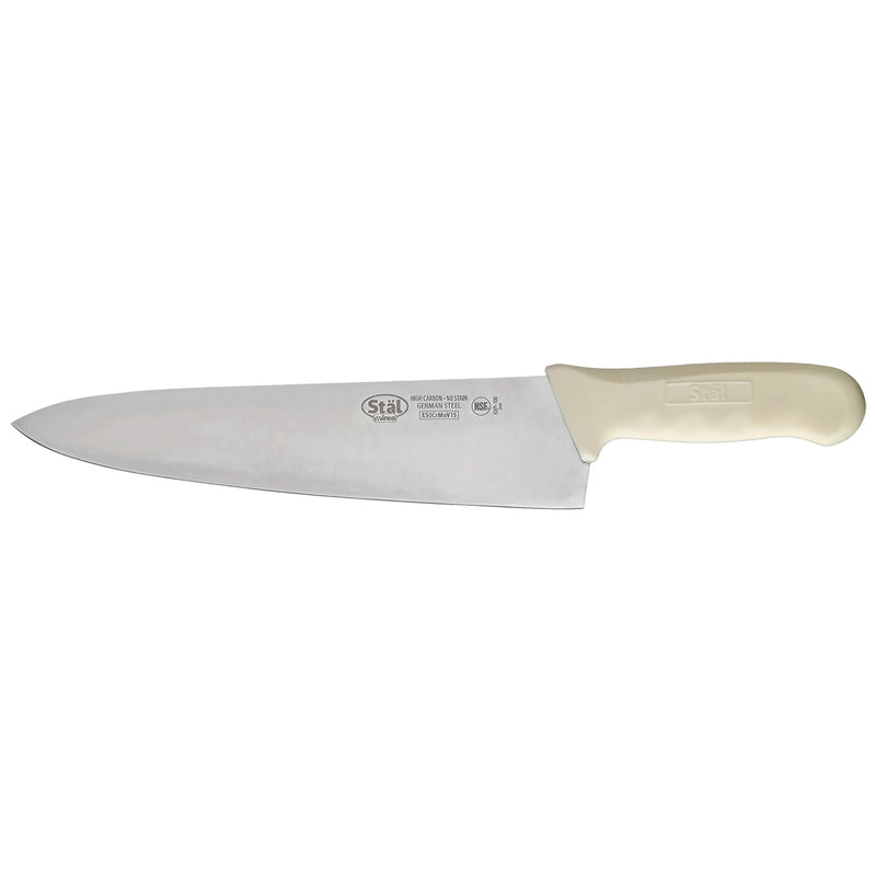 Winco Stal 10-inch chef's knife with wide stainless steel blade and white textured comfort handle