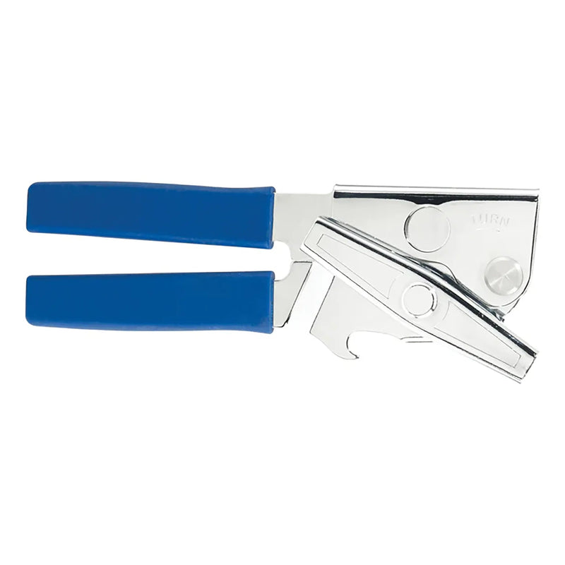 Winco Twist & Out chrome plated 7 inch portable can opener with blue handles, shown folded closed, side view
