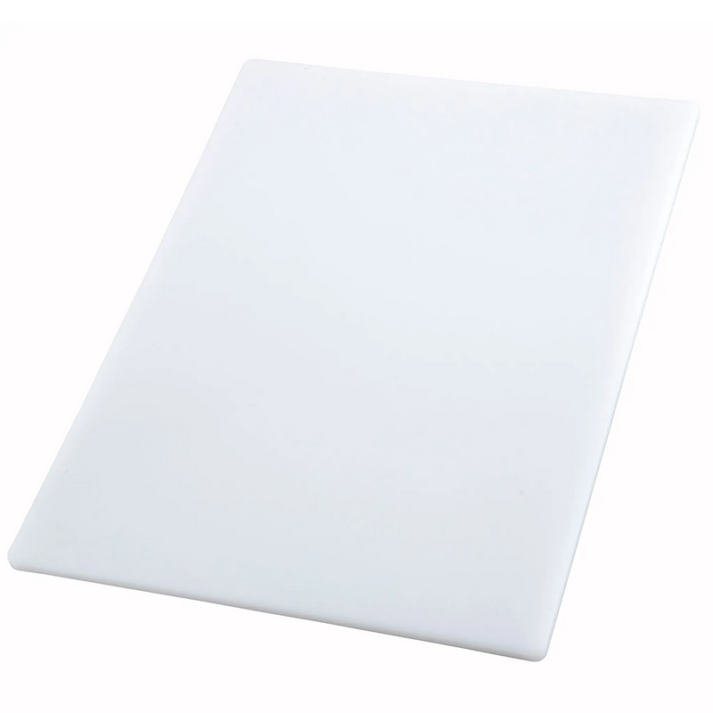 Winco 18 x 30 inch white rectangular cutting board, smooth polyethylene surface shown at an angled view