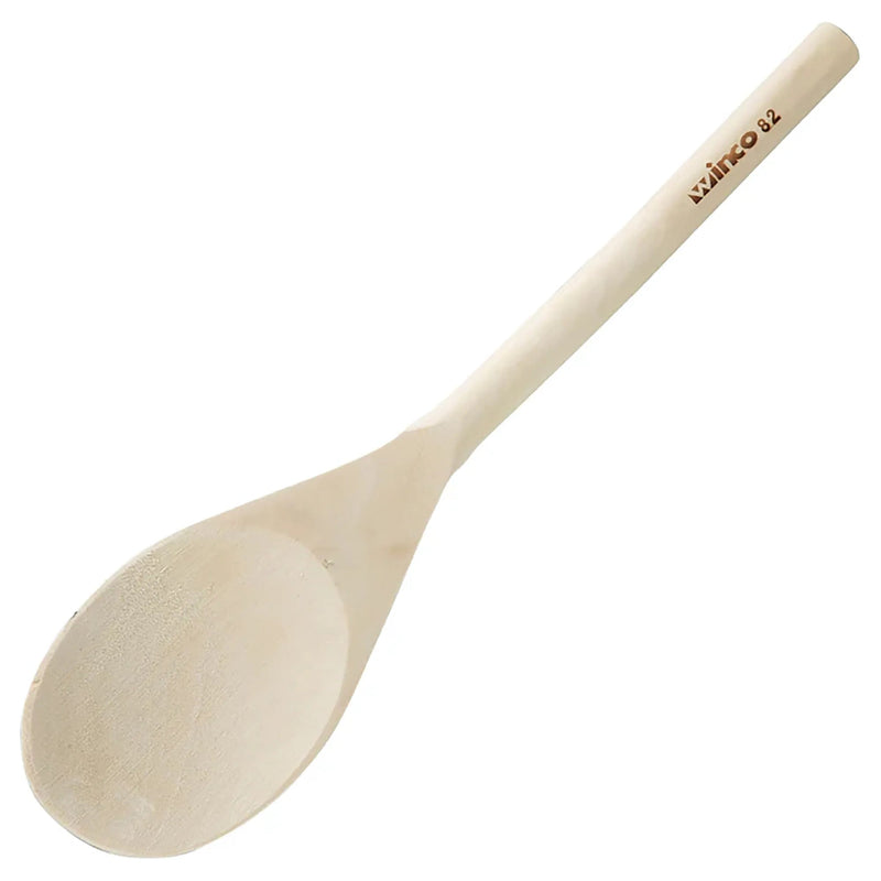 Winco wooden stirring spoon with natural wood oval bowl and long round handle, shortest size shown at an angle