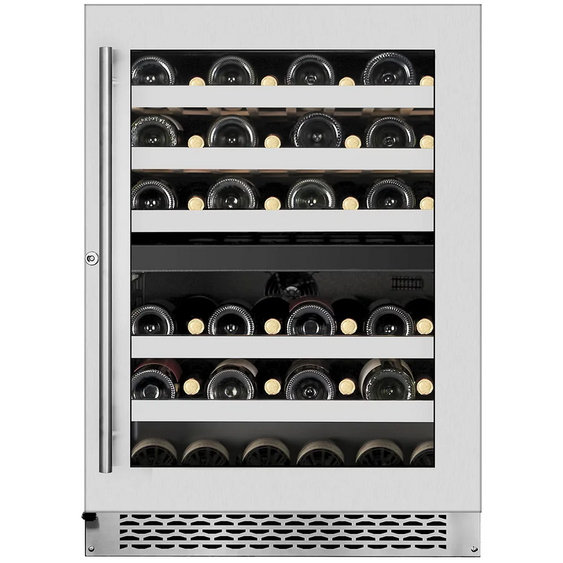 Wine Cell'r WC46DZSV1 Titanium series dual temperature under counter wine cooler with glass door, stocked front view