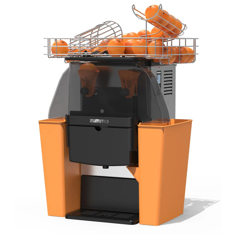 Zummo Z06-N electric citrus juicer with orange base, clear cover and oranges loaded in the top feeder basket
