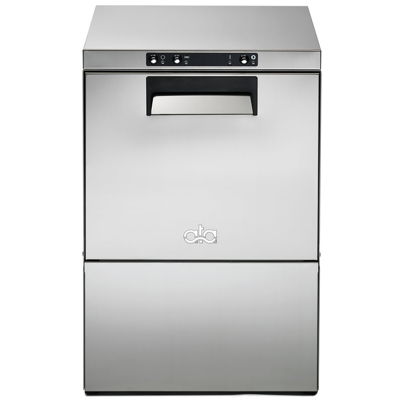 ATA B21 high-temp under counter glass washer in stainless steel with front door handle, angled front view
