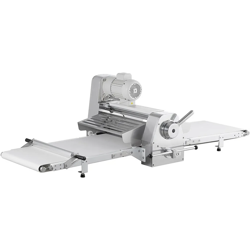 Alpha ACCS-20 countertop reversible conveyor dough sheeter with white conveyor belts extended and stainless frame