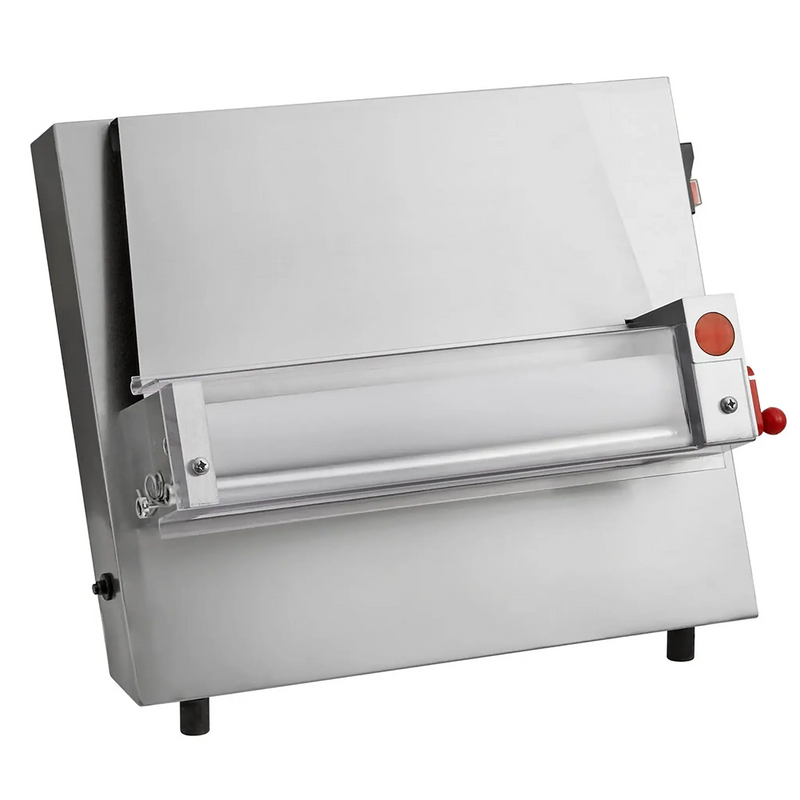 Alpha ADS-12S single pass dough sheeter with 12-inch roller in stainless steel with red adjustment lever, front view