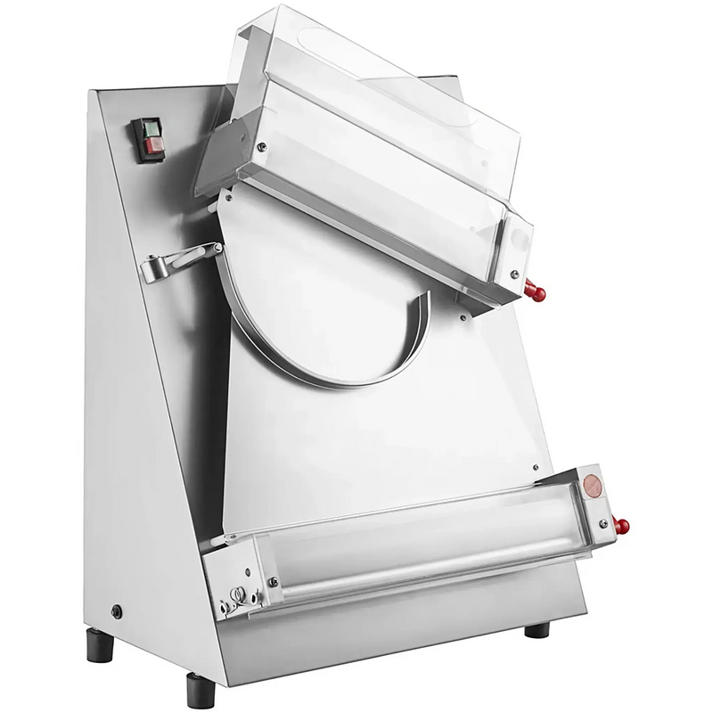Alpha ADS-18D double pass dough sheeter with 18-inch rollers in stainless steel with clear guard, angled front view