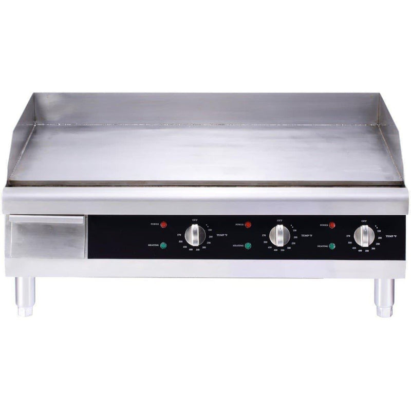 Alpha AEG-36 electric 36-inch stainless steel countertop griddle with black control panel and three dials
