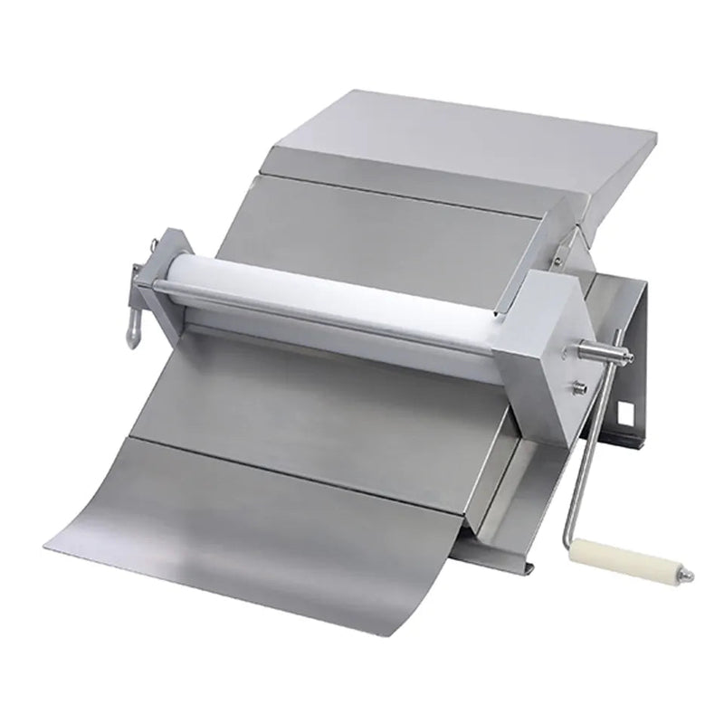 Alpha AFS-16M manual single pass fondant sheeter with 16-inch roller and hand crank in stainless steel, angled view