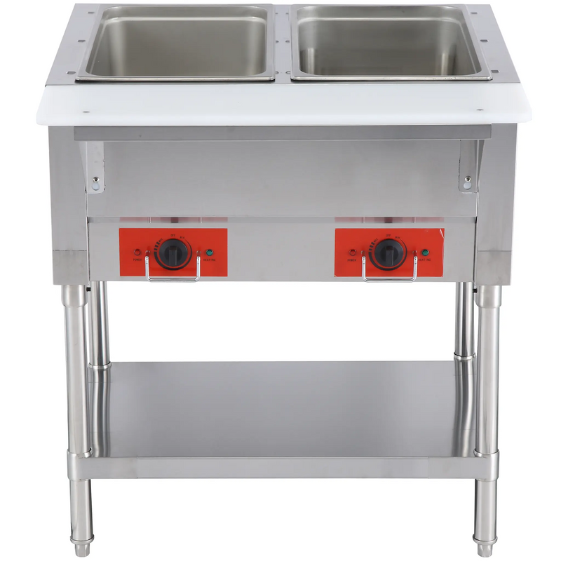 Alpha AHT-2 electric two well stainless steel hot table with red control knobs and bottom undershelf