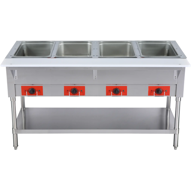 Alpha AHT-4 electric four well stainless steel hot table with red control knobs and bottom undershelf