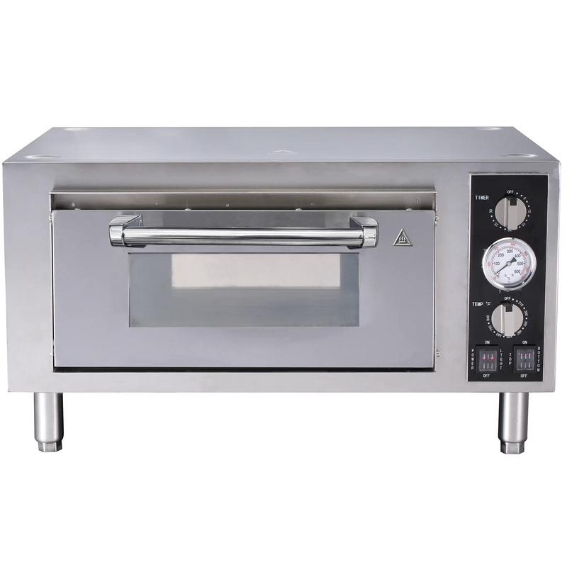 Alpha APO-1 electric single deck countertop pizza oven in stainless steel with window door and dial controls, 120V