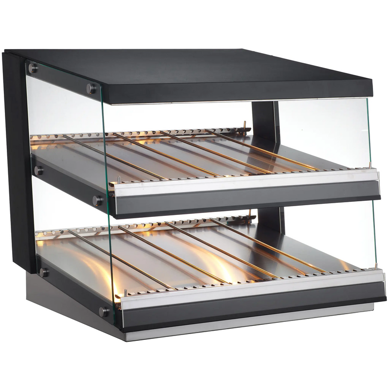 Alpha ASSW-32 32-inch heated pass-through station with two lit shelves, black top and glass side panels, angled view