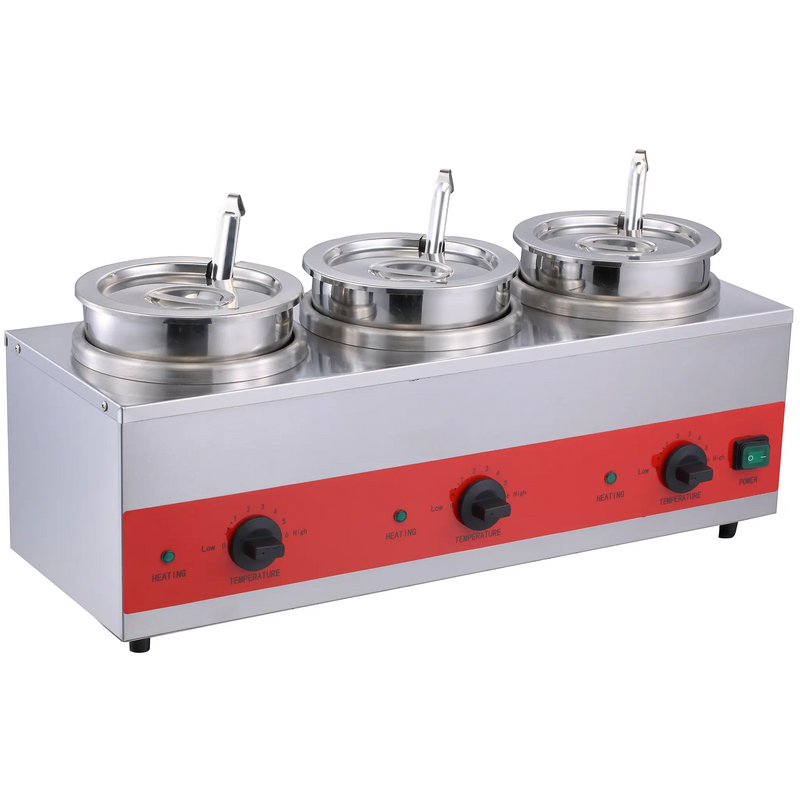 Alpha ASW3-3.5 triple 3.5 quart hot topping warmer with three stainless steel wells, lids and ladles, red front panel