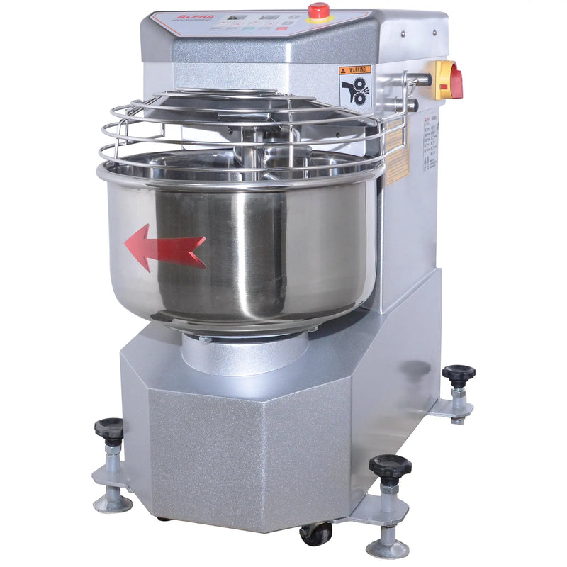 Alpha AVS-20 20 qt ten speed commercial spiral mixer in stainless steel with wire bowl guard and casters, angled view