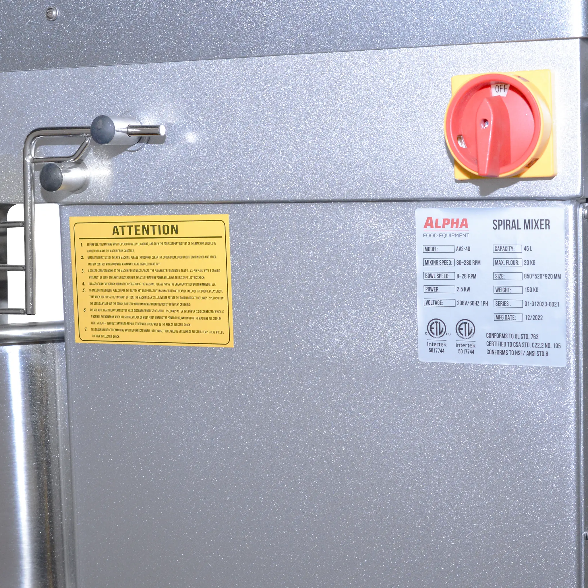 Alpha AVS-40 Ten Speed Commercial Spiral Mixer - 40Qt Capacity, 208V Single Phase-Phoenix Food Equipment