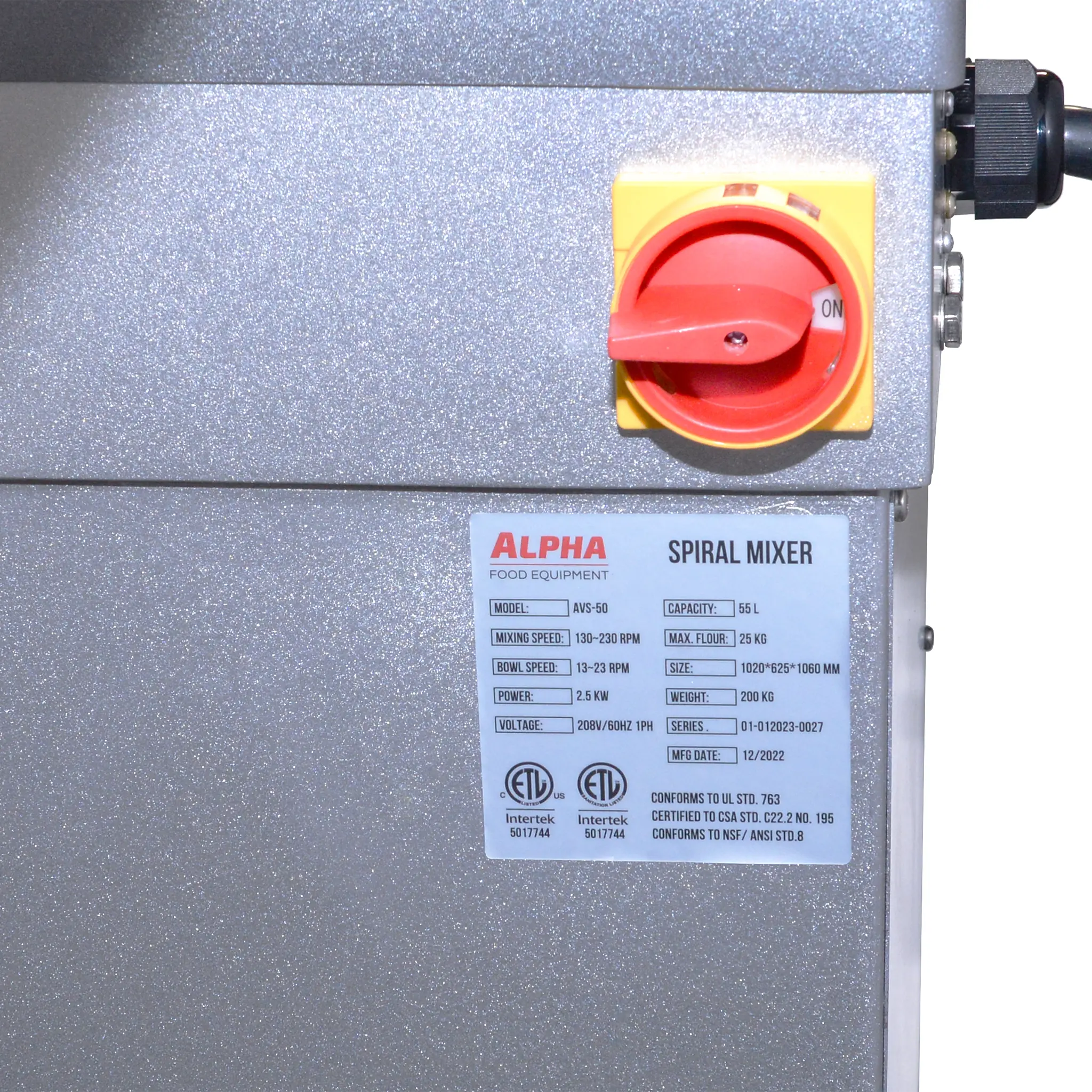 Alpha AVS-50 Ten Speed Commercial Spiral Mixer - 50Qt Capacity, 208V Single Phase-Phoenix Food Equipment