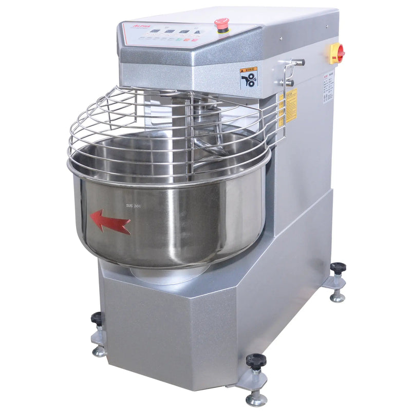 Alpha AVS-50 50 qt ten speed commercial spiral mixer in stainless steel with wire bowl guard and feet, angled view
