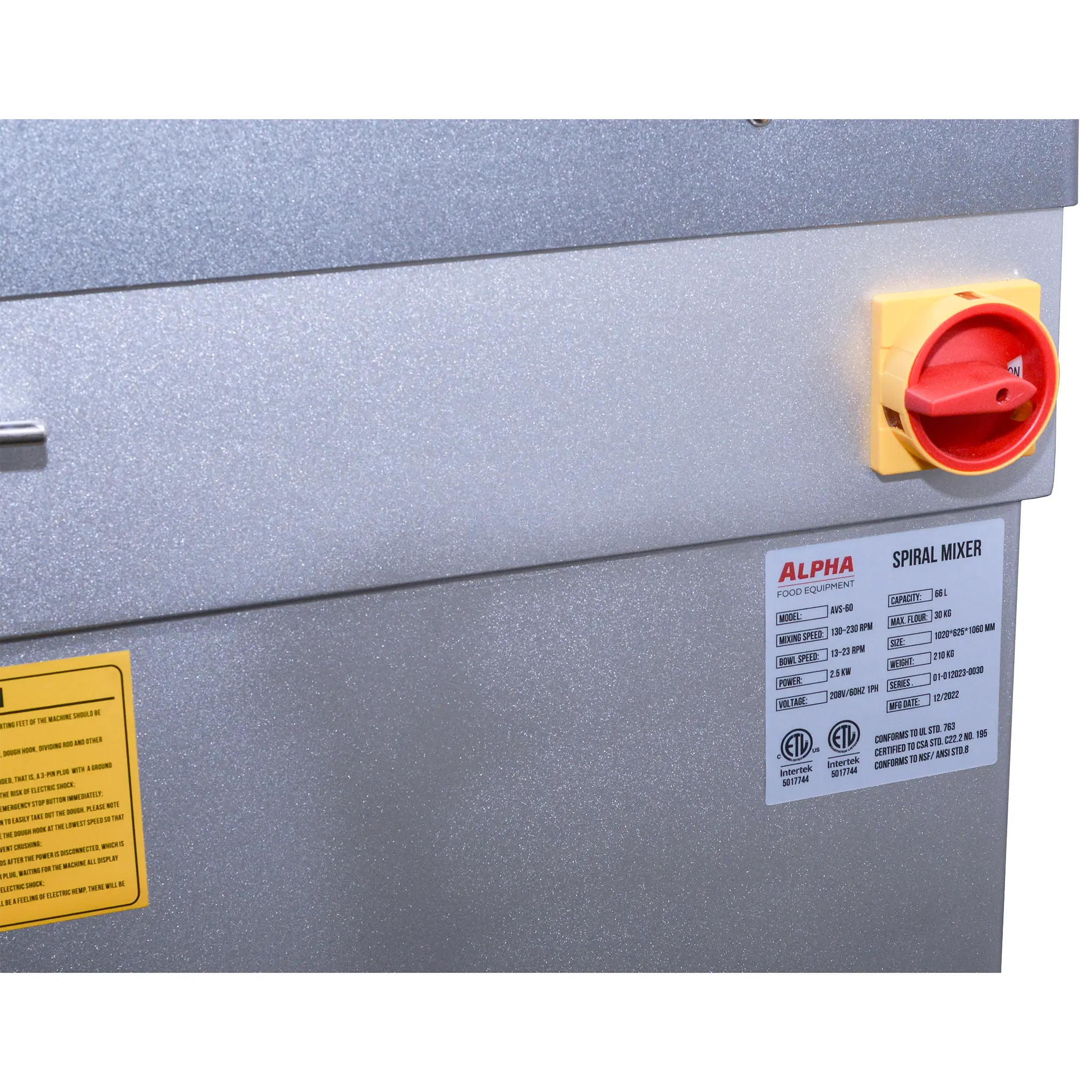 Alpha AVS-60 Ten Speed Commercial Spiral Mixer - 60Qt Capacity, 208V Single Phase-Phoenix Food Equipment