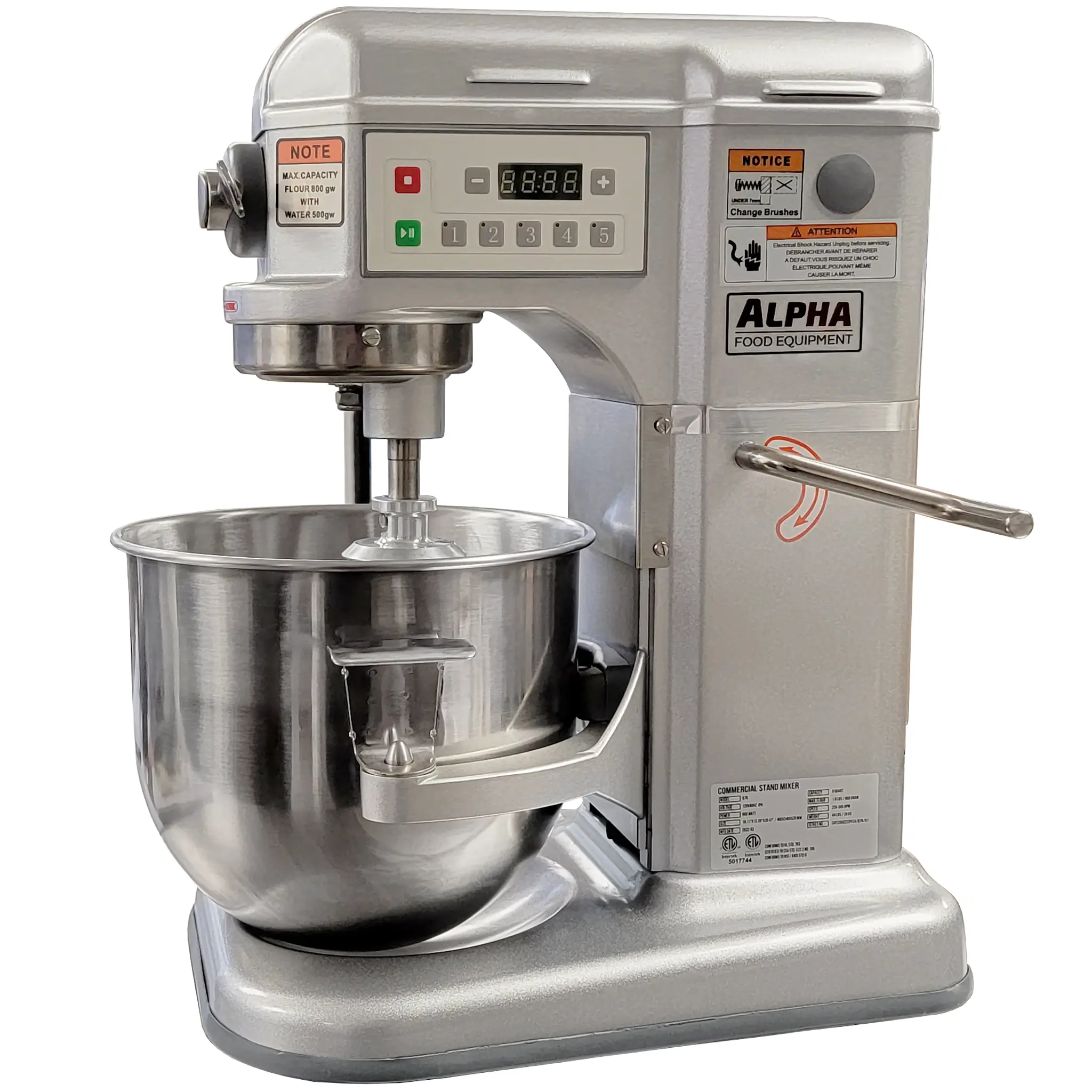 Alpha B7A Commercial Planetary Stand Mixer - 8 Qt Capacity, 110 V-Single Phase-Phoenix Food Equipment