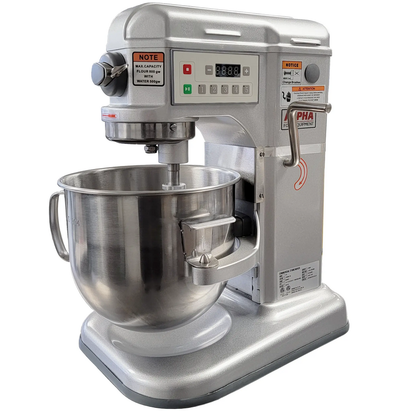 Alpha B7A 8 quart commercial planetary stand mixer in grey with stainless steel bowl, angled front view