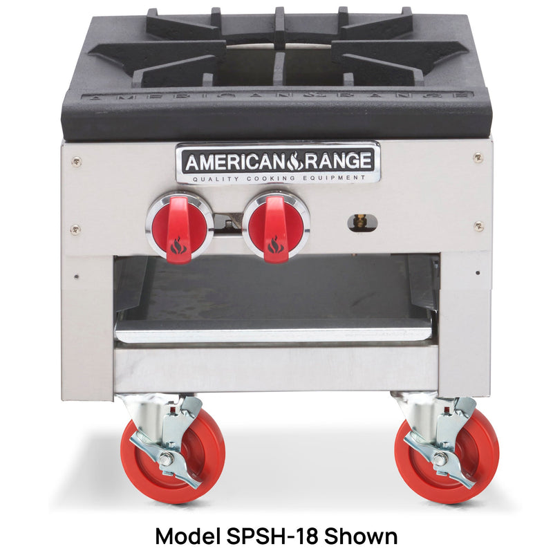 American Range SPSH-18-2 gas stock pot range, cast iron grate top, stainless body with red knobs on casters