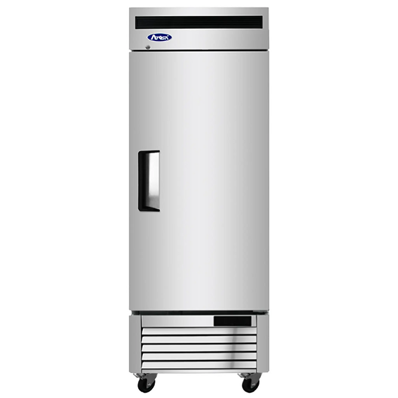 Atosa MBF8501GR 27-inch single solid door stainless steel reach-in freezer on casters, front view