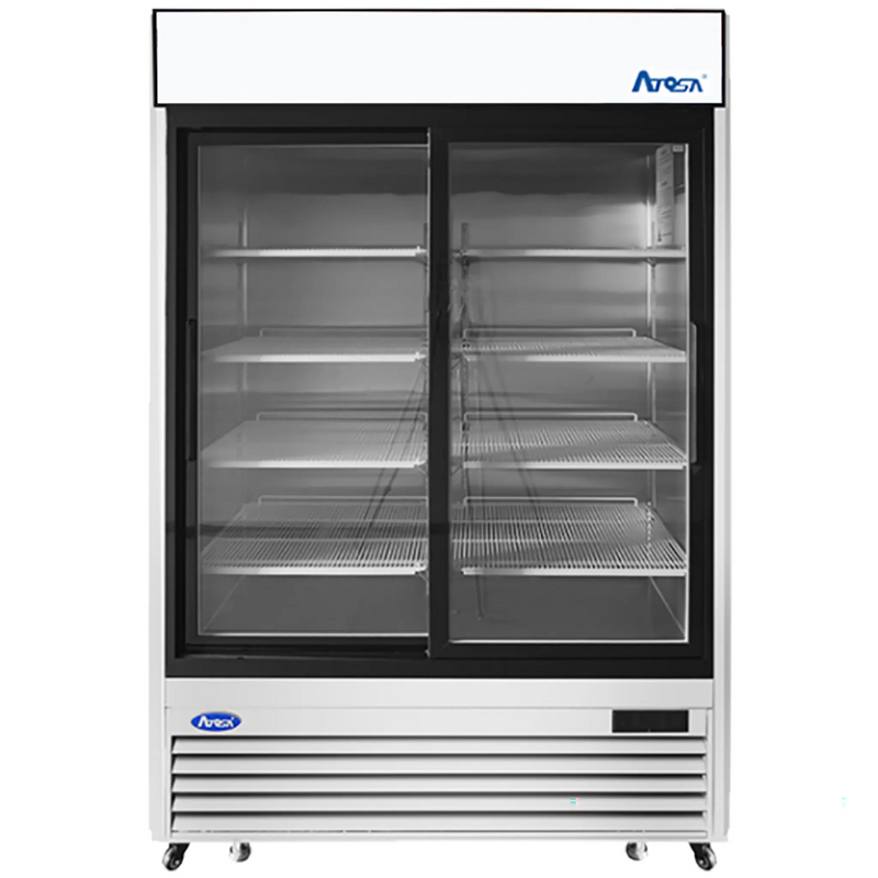 Atosa MCF8709GR 54-inch double sliding glass door stainless steel merchandiser refrigerator, front view