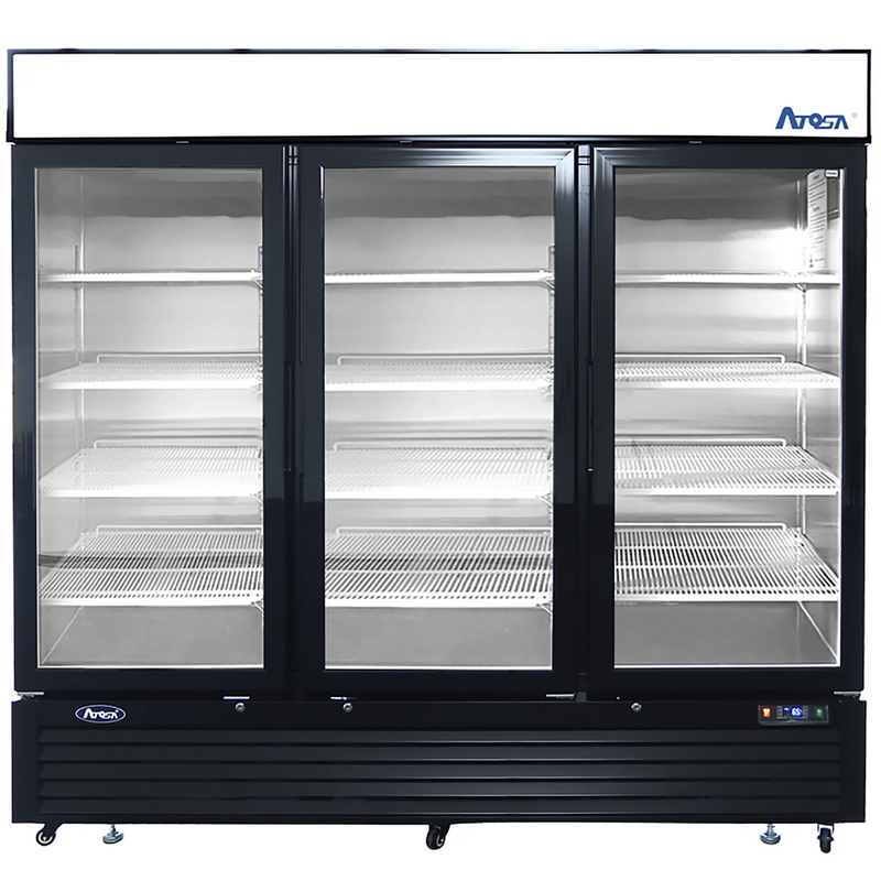 Atosa MCF8728GR 82-inch triple glass door black merchandiser display freezer with LED lit interior, front view