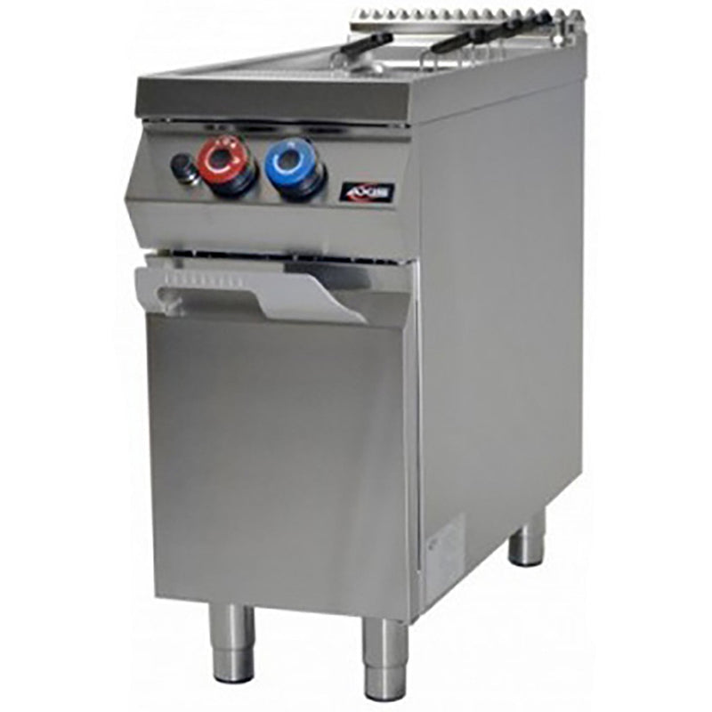 Axis AX-GPC-1 gas single pasta cooker in stainless steel with one well, control knobs and cabinet base, angled view