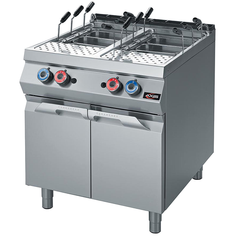 Axis AX-GPC-2 gas double pasta cooker in stainless steel with two wells, pasta baskets and cabinet base, angled view