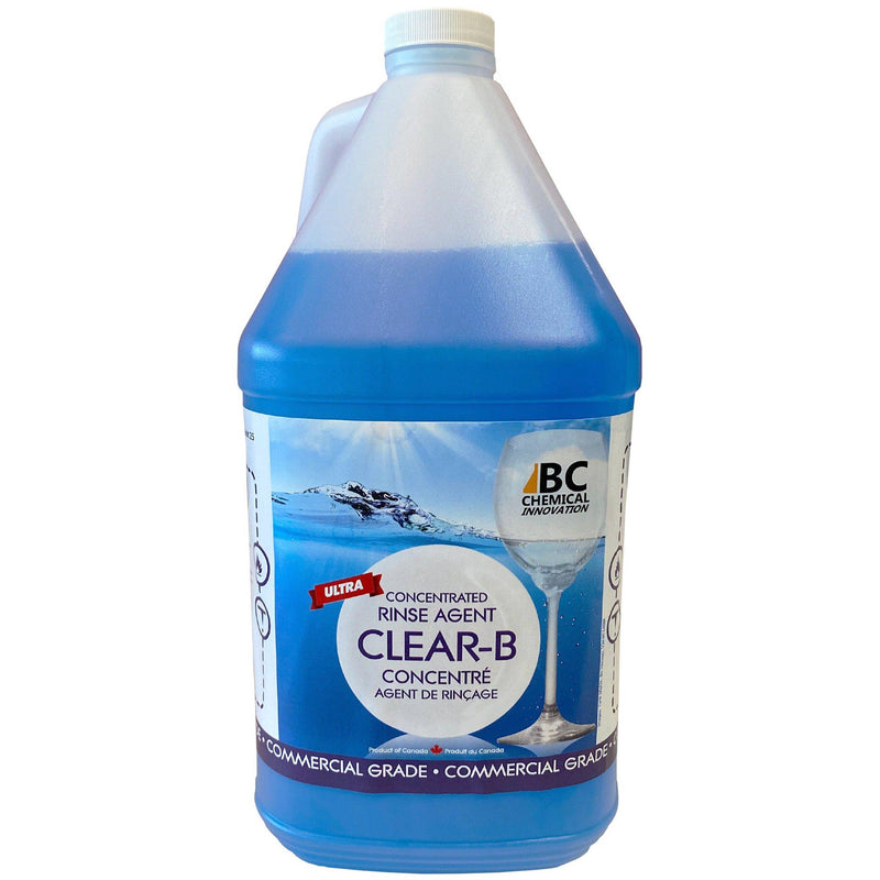 BC Chemical BCRA Clear-B concentrated rinse agent, blue liquid in a plastic jug with Clear-B label, smaller size