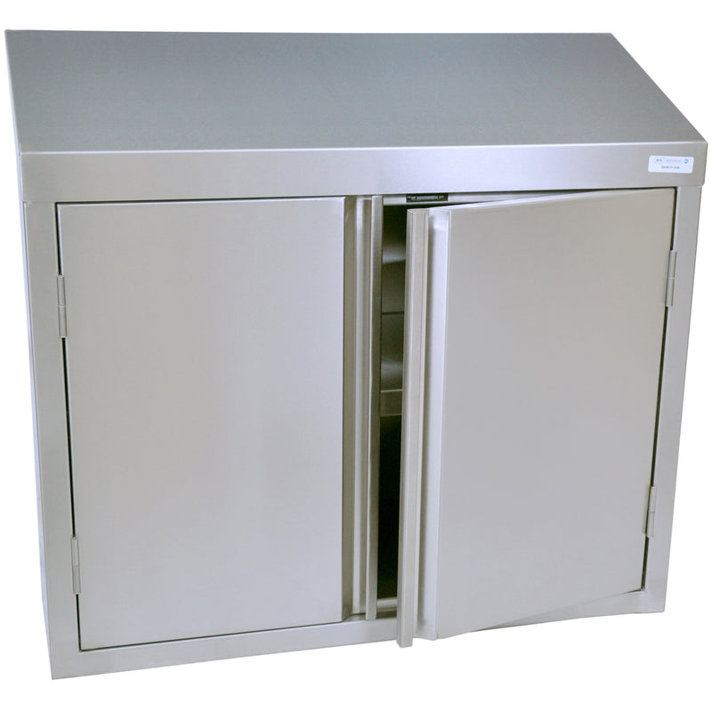 BK Resources BKWCH stainless steel wall mounted cabinet with hinged doors, one door partly open