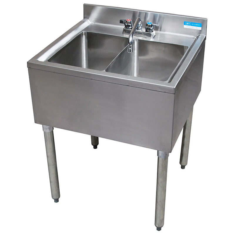 BK Resources UB4-224S 24-inch stainless steel two compartment bar sink with faucet and backsplash, angled view