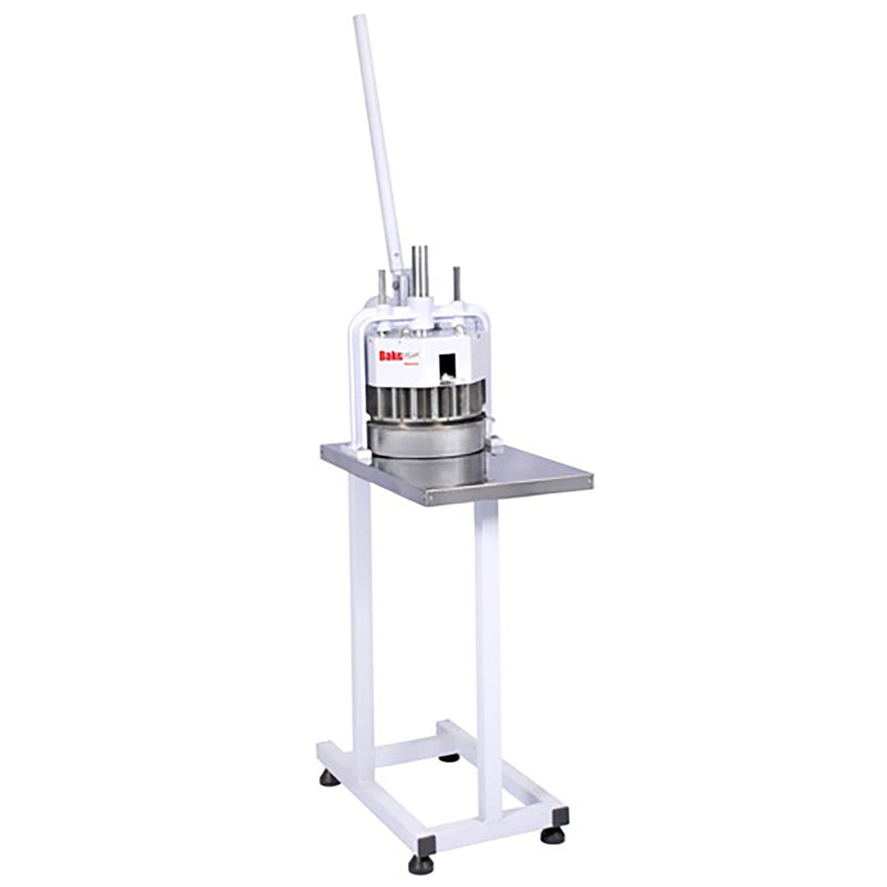 BakeMax BAHBD02 manual dough divider mounted on white stand with stainless steel top, full view