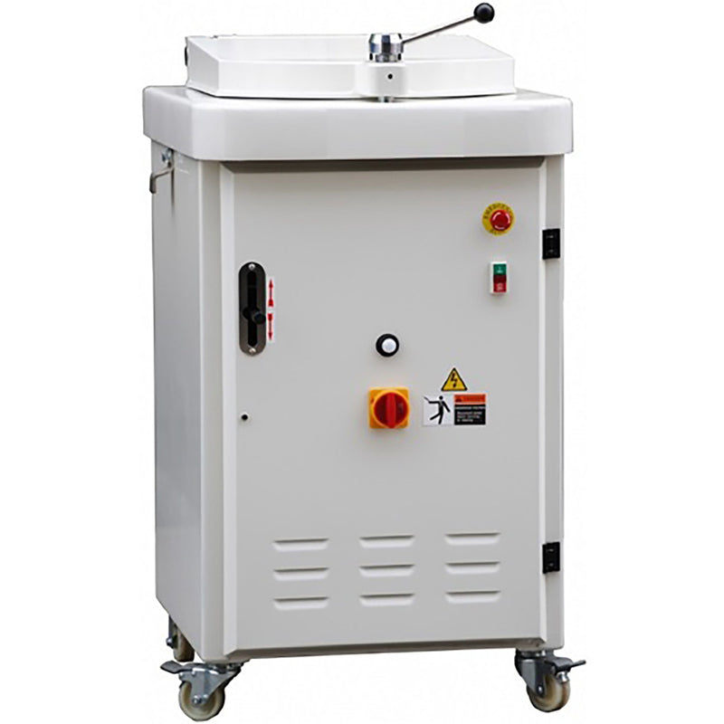 BakeMax BMBT030 hydraulic dough divider in grey steel cabinet on casters with red emergency stop button, front view