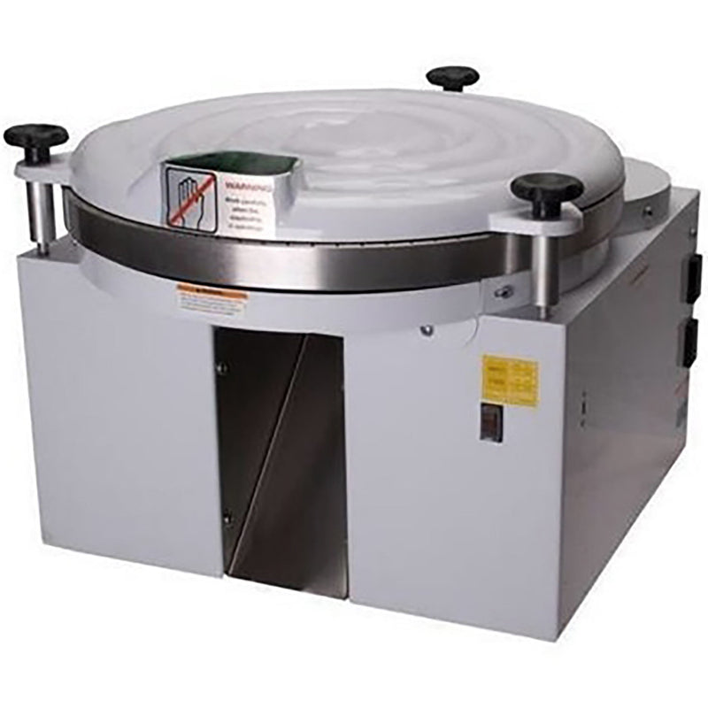 BakeMax BMDBR01 dough ball rounder with stainless steel body, clear round lid with knob clamps and side chute, angled