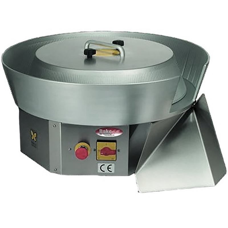 BakeMax BMDBR03 dough ball rounder with stainless steel conical bowl, red emergency stop and output chute, angled view