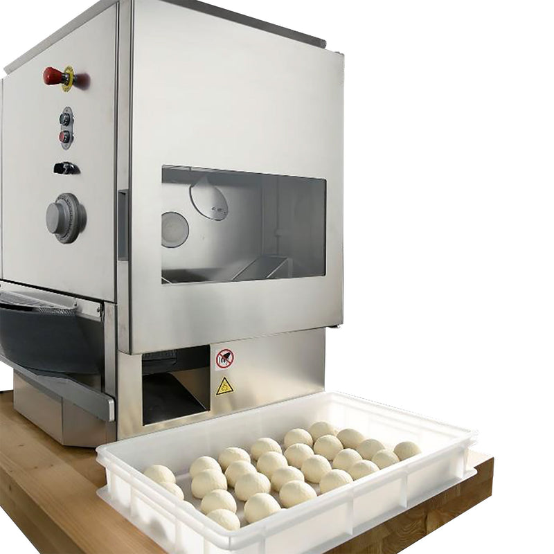 BakeMax BMDD003 countertop dough divider and rounder in stainless steel with a tray of rounded dough balls in front