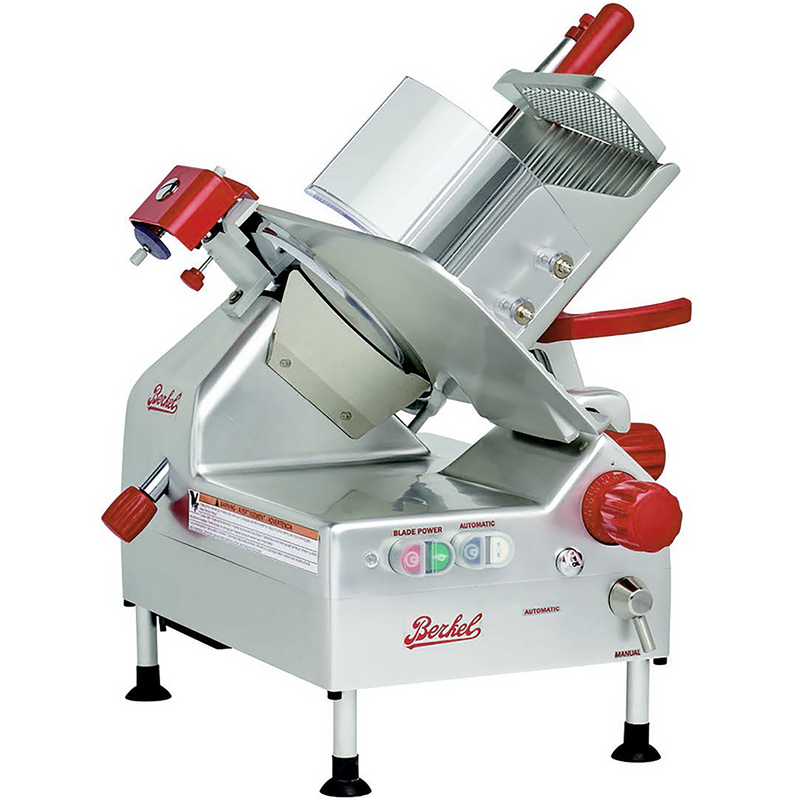 Berkel B12A manual or automatic aluminum meat slicer with 12-inch blade, red handles and control panel