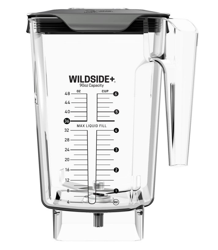 Blendtec 40-630-61 Wildside+ 1.4L clear blender container with black soft lid and measurement markings