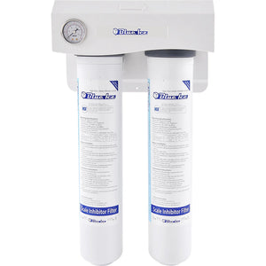 Blue Air DH-S2 dual water filtration system with two white filter cartridges, pressure gauge and wall bracket