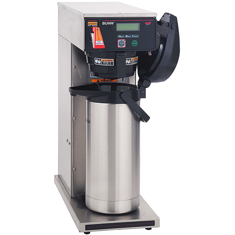 Bunn AXIOM-DV-APS stainless steel airpot coffee brewer with hot water tap and airpot under the brew funnel, angled view