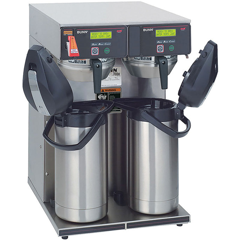 Bunn AXIOM-TWIN-APS stainless steel twin airpot coffee brewer with hot water tap and two airpots, angled view