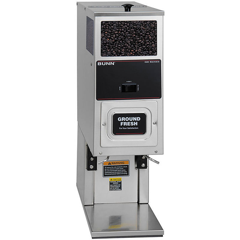 Bunn G9T-HD stainless steel simple control funnel coffee grinder with twin bean hoppers and funnel rails, front view