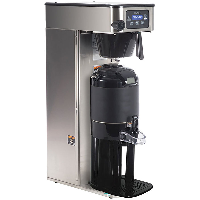Bunn ICB-DV-TALL Infusion Series tall stainless steel coffee brewer with hot water tap and black server, angled view